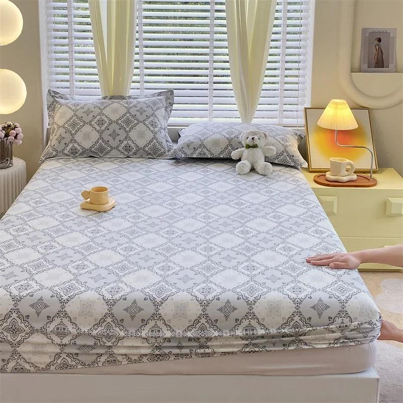 Soft Bedsheet Printed Fitted Sheet 100% Cotton Bed Cover Single/Queen Size Bed Linen Protetor De Colchão (No Pillowcase