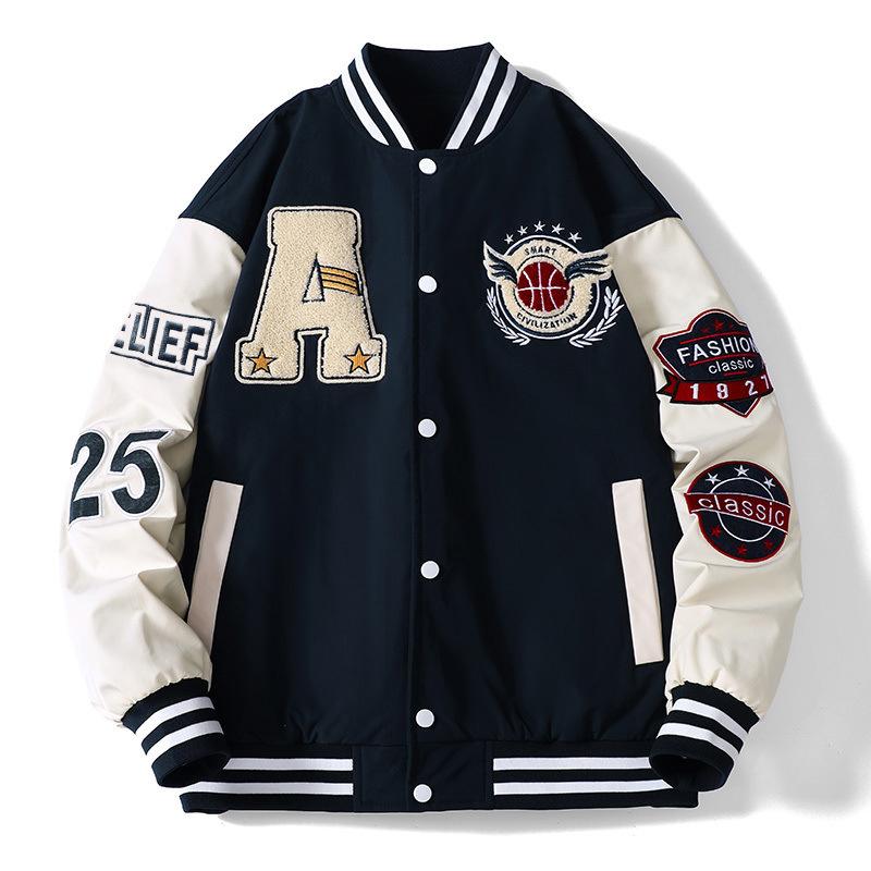 Flocked Embroidered Baseball Collar Jacket for Men and Women, Spring and Autumn New American Casual Loose Jacket