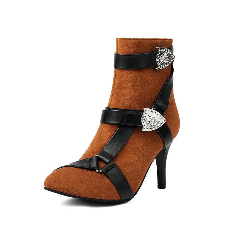 short boots round head thin heel high heel belt buckle metal trim and ankle boots and ankle boots high heel short boots