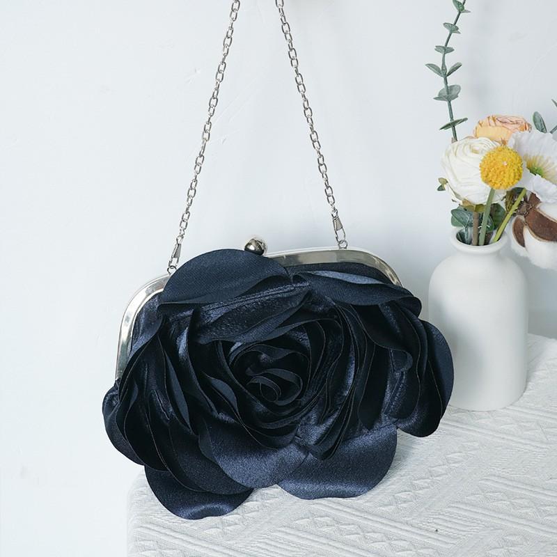Elegant White Floral Clutch Bag Bridesmaid Evening Wedding Party Soft Silk Nylon Lined Oval Lock