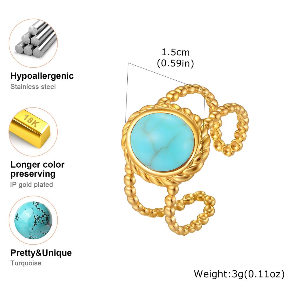 Stainless Steel Geometric Line Double-layer Open Ring for Women, Luxury Vintage Turquoise Ring, Waterproof Aesthetic Jewelry