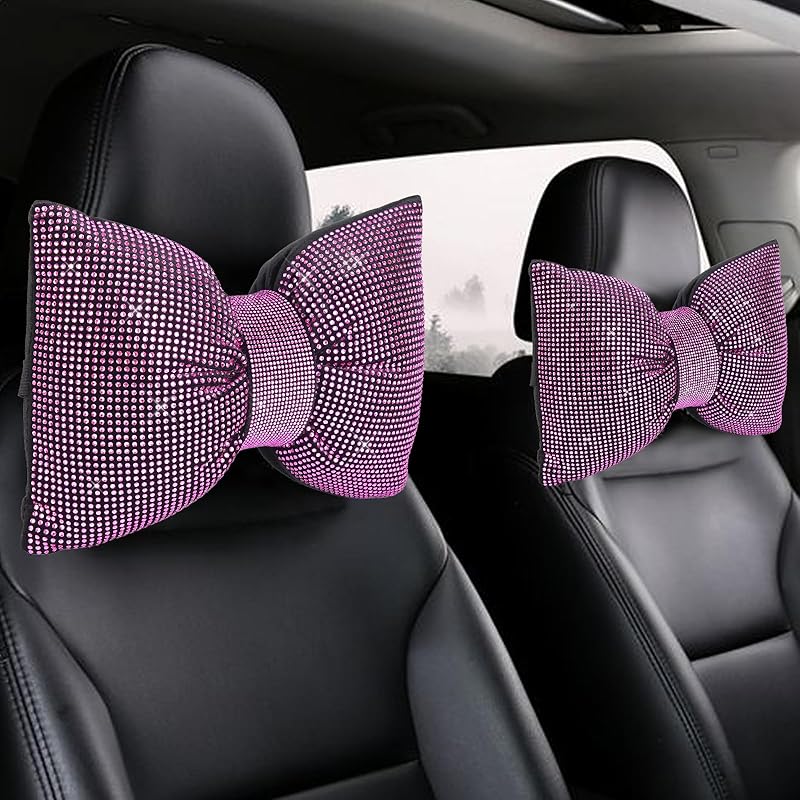 2 PCS Bling Car Pillows,Rhinestones Bowknot Car Headrest Pillow,Car Neck Pillow for Driver Relax Necksupport,Sleeping Travel Support Neck