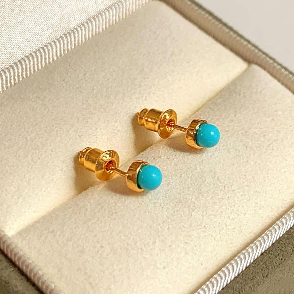 French Turquoise & Sterling Silver Geometric Round Earrings - 18k Gold-Plated Studs