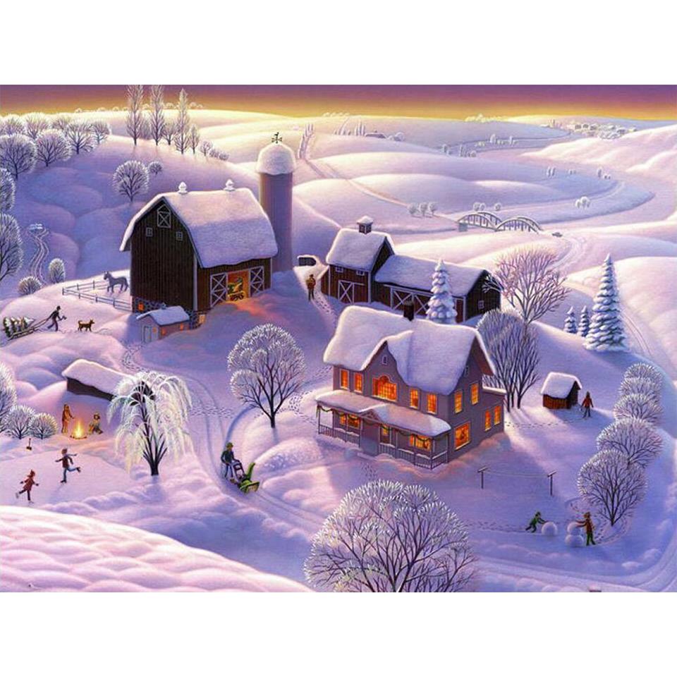 5D DIY Diamond Painting Landscape Winter House Full Round Rhinestone Embroidery Cross Stitch Kit Mosaic Picture Decoration Gift