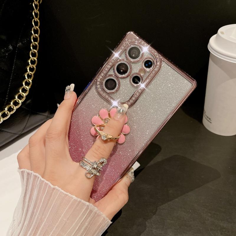 For Samsung Galaxy S25 Ultra Luxury Plating Rhinestone Frame Diamond Ring Stand Phone Case For Samsung S22 S23 S24 S25Plus Cover