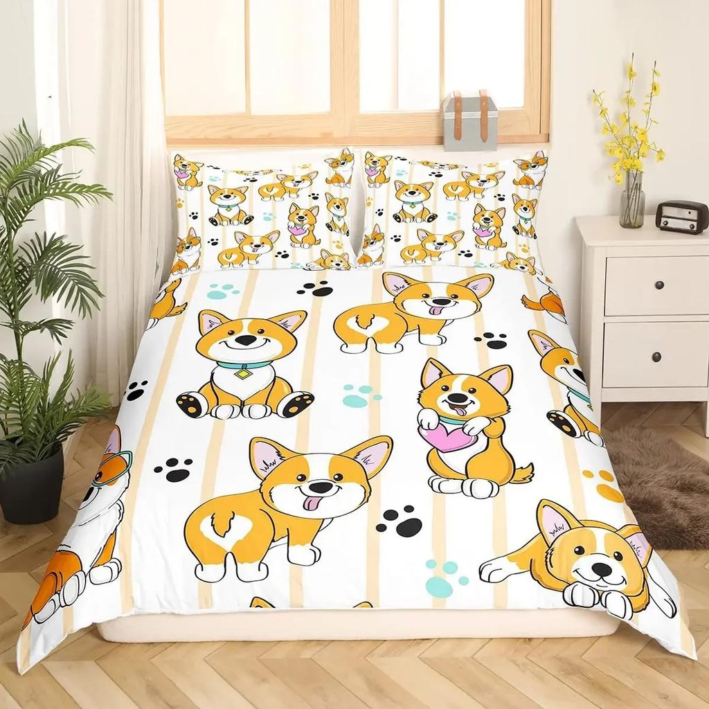 Kinder Corgi Hund Bettwäscheset King Queen Größe Niedlicher Welpe Bettbezugset Cartoon Haustier Tier Bettdeckenbezug Mikrofaser Steppdeckenbezug