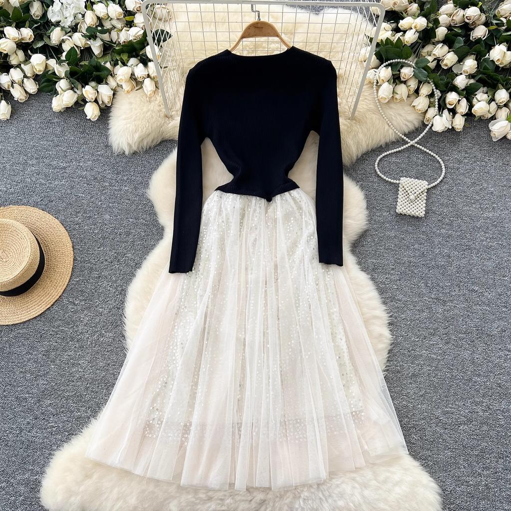 Autumn Knit Splice Mesh Dress Women Full Sleeve V Neck 3D Flower Design Winter Sequins Vintage High Quality Long Dress