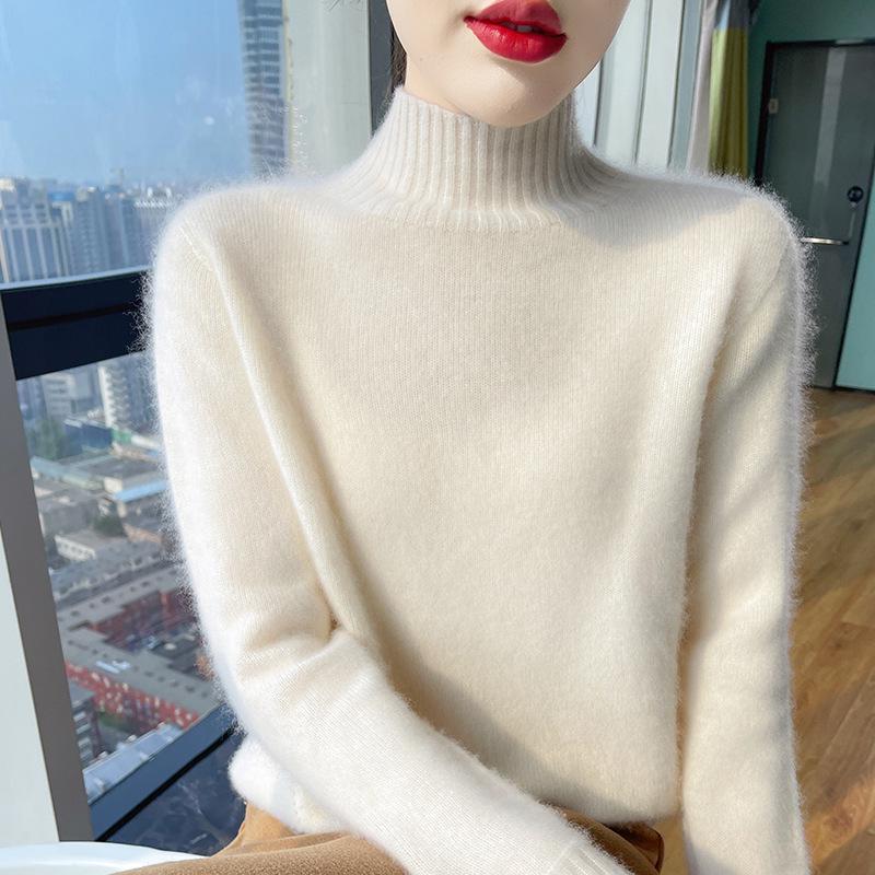 Women's Autumn/Winter Wool Sweater, Half High Neck, Loose Fit, Knit Base Layer, Seven Gauge, Thickened