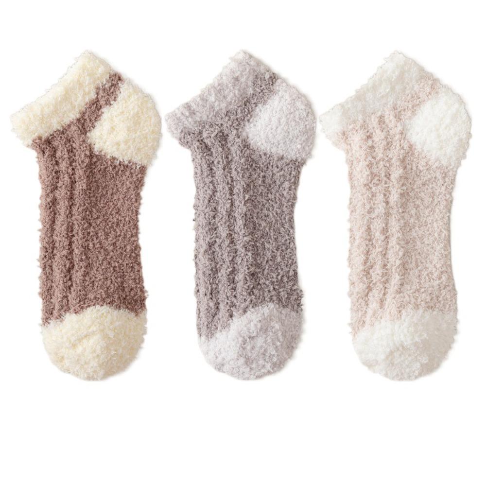 3Pairs Thickened Coral Fleece Socks Patchwork Warm Boat Socks Women Kawaii Floor Plush Socks  Winter
