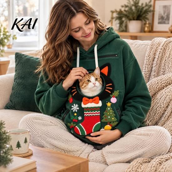 Cozy Fleece Pet Pocket Unisex Pouch Christmas Hoodie, Cute Dog Cat Carrier Hooded Sweatshirt with Small Holder Top Graphic, Lined Animal Pullover