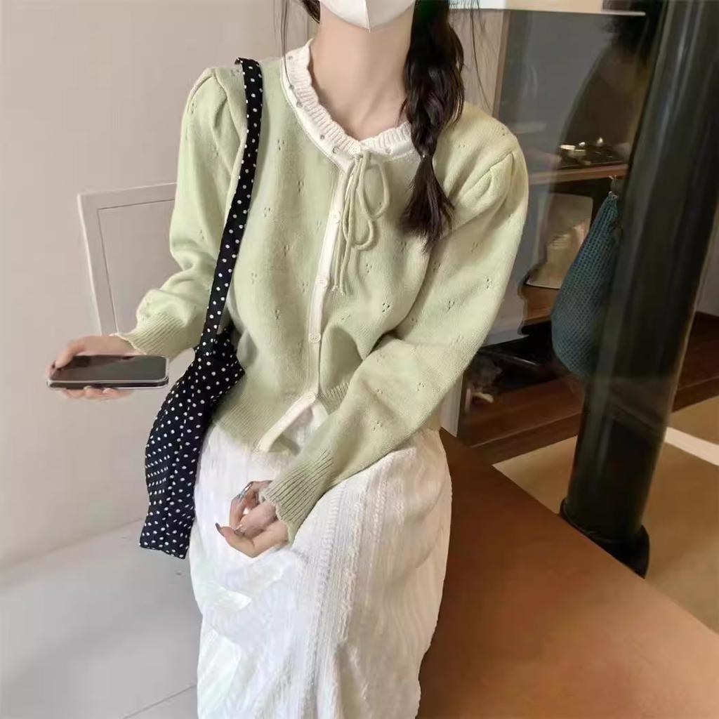 2025 Spring and Autumn Korean New Sweet Knitted Cardigan Gentle Wind Lace-up Bow Color Matching Sweater Jacket Women