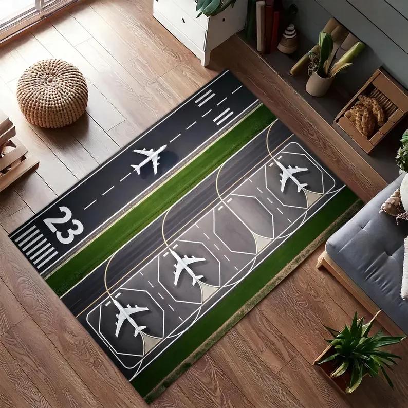 Winter Airport Rug for Kids Snowy Runway Carpet  Cold Weather Aviation Home Decor Holiday Themed Mat