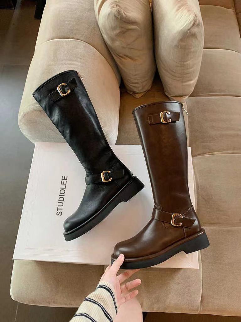 Grape Mom Same Style~ Autumn and Winter Round Head Buckle Belt Thick Heel But Back Zipper Medium High Versatile Knight Boots Women