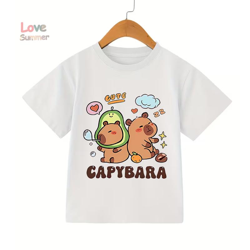 2026 Summer 4-14 Yrs Girls Casual Short-Sleeve T-Shirt Cute Capybara Design Comfortable Fabric for Everyday Outdoor Activities