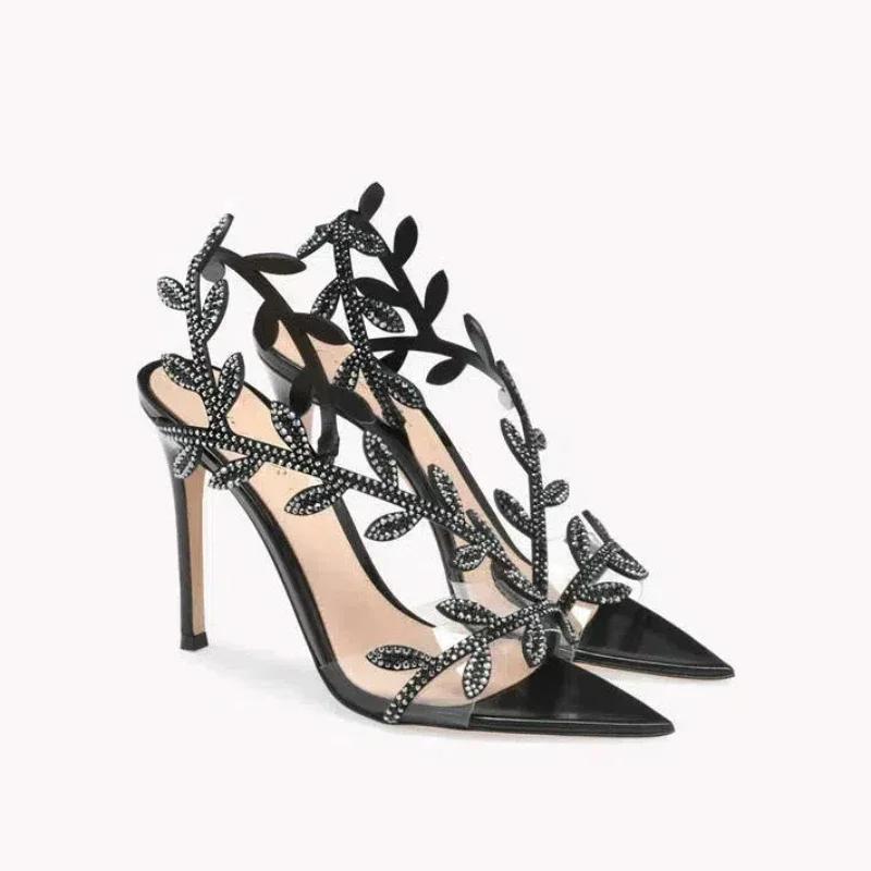 

Designer Rhinestone Leaf Decoration Stiletto Sandals Women Sexy Pointed Toe Transparent Pvc Strap High Heels Summer Party Shoes 35