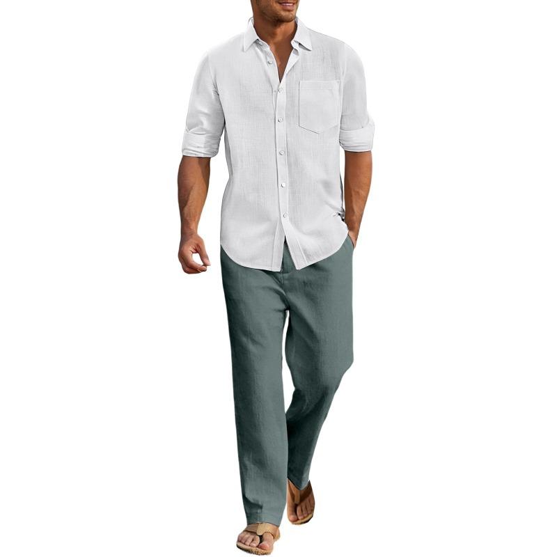 

Men s Four Seasons Cotton and Linen Long Sleeve Shirts and Pants Casual Thin Breathable Beach Yoga Linen Shirt Set XXXXL зелений