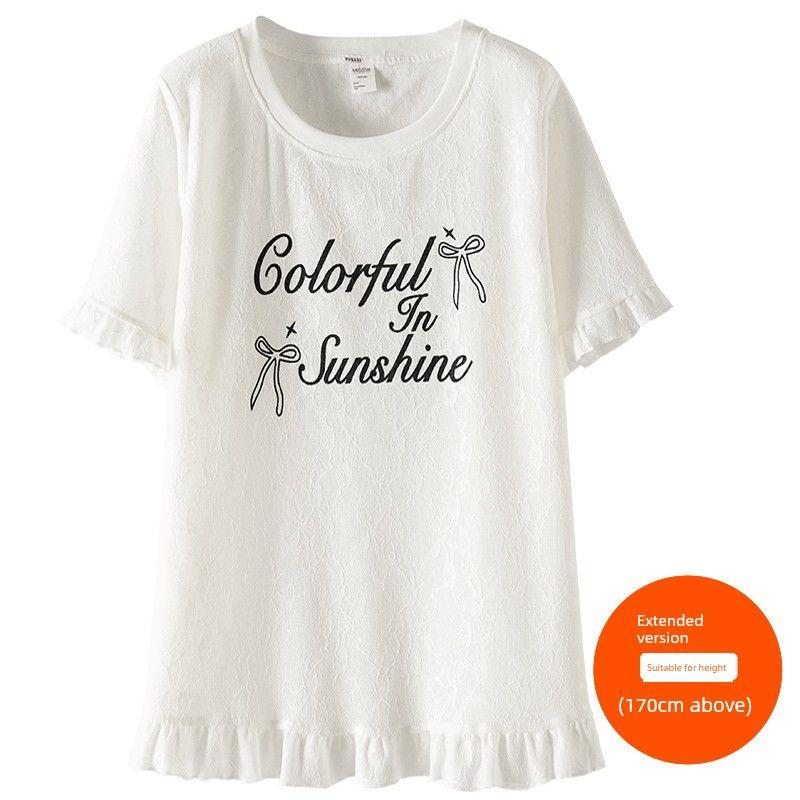 

Plus size women clothing [Korean Series Dopamine Lace T] Three Clothes Length Summer Chubby Girl Bow Print Short sleeve T-shirt Cheese White (170cm above) 8xl