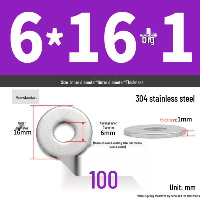 304 Stainless Steel Enlarged Flat Washer Ring (Sizes: M1.6-M22)