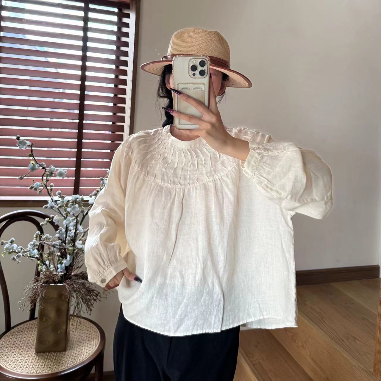 

Johnature Женская рубашка повседневная простая отутюженная свободная универсальная однотонная топы One Size бежевый