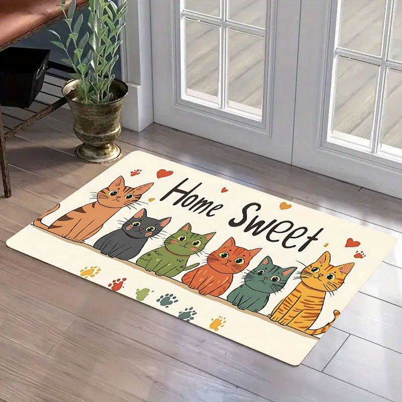 "Home Sweet Home" Cat Rug – Cute Cartoon Design, Soft Flannel Mat for Living Room, Bedroom, Entryway