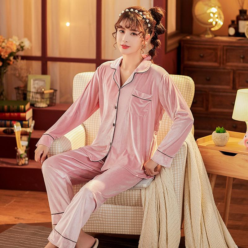 Párové pyžamo ze zlatého sametu: Volný, Jednobarevný, Hřejivý Kardigan na Podzim/Zimu, Pánský & Dámský, Velká Velikost