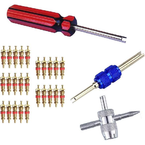 Febrytold 3 Pcs Tire Valve Core Remover Tools with 25 Pcs Brass Valve Stem Cores, 4-Way Valve Stem Core Tool, Dual & Single Head Tire Valve Core 28 Pcs