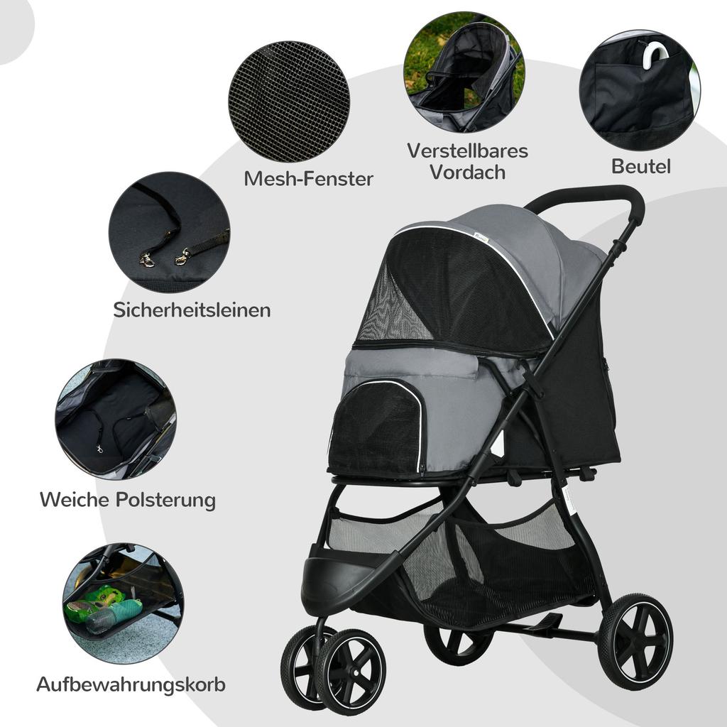 Dog Buggy Pet Stroller, Foldable, Rain Cover, 2 Safety Leashes, 83cm x 55cm x 101cm, Gray + Black