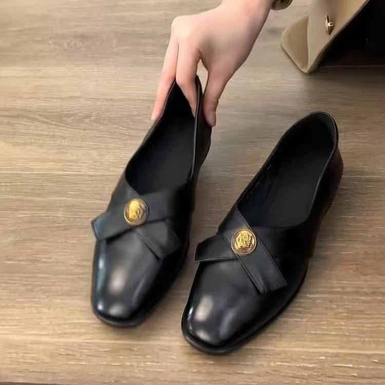 Cowhide version! Retro light mouth black small leather shoes gold coin round head low heel grandma shoes one pedal single shoes loafers