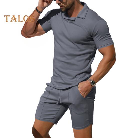 2 Teile/satz Männer Outfit Revers Kurzarm Pullover Tops Elastische Kordelzug Taille Taschen Shorts Set Einfarbig Sportswear