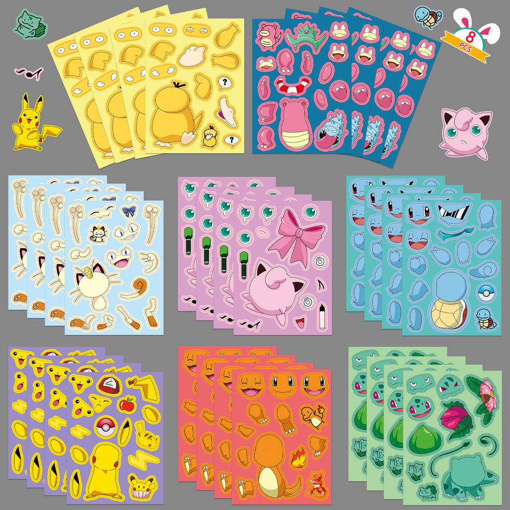 8 Photos/set of Pokémon Face Swap Graffiti Stickers Cartoon Cute Pikachu Make A Face Puzzle Stickers