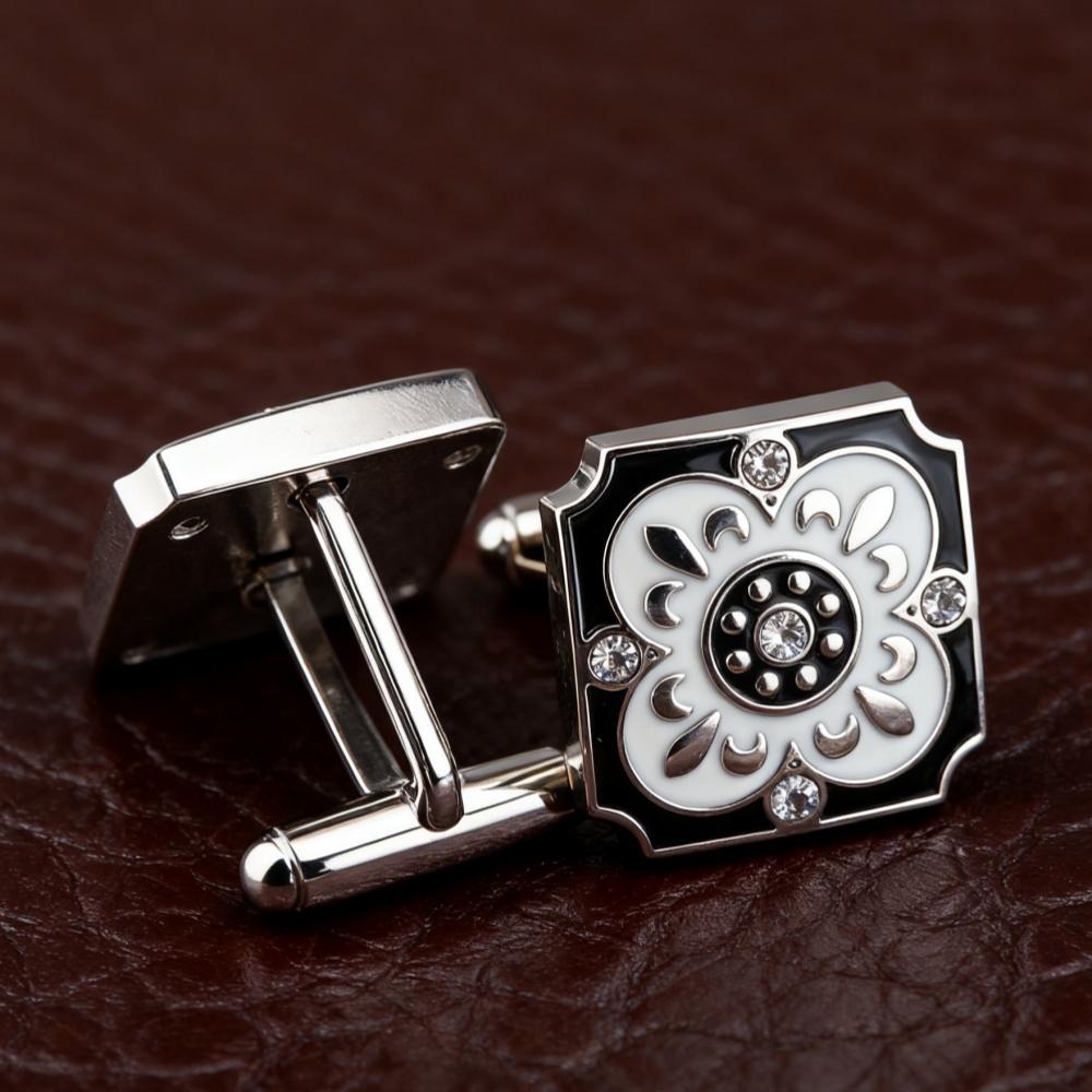Men's Cufflink Set, Square Black and White Retro Carved Crystal Cufflinks, Paired with Gift Boxes.