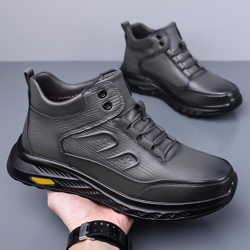 Winter Men's Casual Cotton Shoes High-top Outdoor Heavy Warm Heat-locking Cotton Leather Shoes Lace Up Warm Plush Ankle Boots