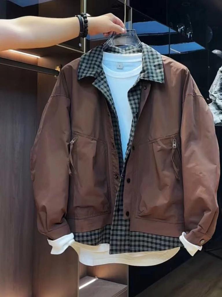 Fake Two-piece Tooling Lapel Plaid Collar Jacket Men's Autumn Korean Version Trendy Top Youth Ruffian Handsome Casual Jacket