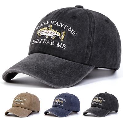 Unisex Fish Embroidery Wash Baseball Cap Spring and Autumn Outdoor Adjustable Sunscreen Hat