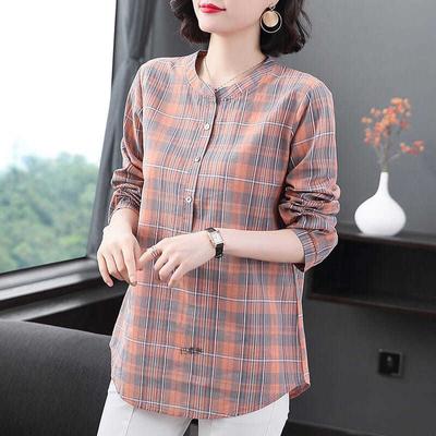 Women's Spring Autumn Style Cotton Blouses Shirt Women's O-Neck Long Sleeve Button Plaid Korean Elegant Tops