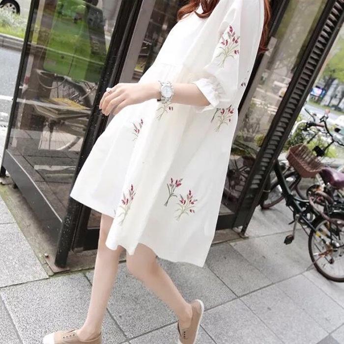 

Платье для беременных большого размера в корейском стиле с цветочным принтом - Миди, с рукавом 5/8, свободного кроя, для лета XXXL белый