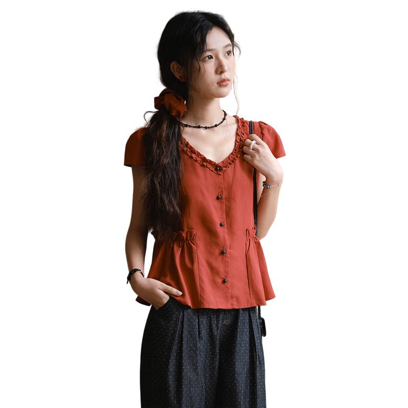 Women s French Style Ruffled V-Neck Tie-Waist Summer Blouse M