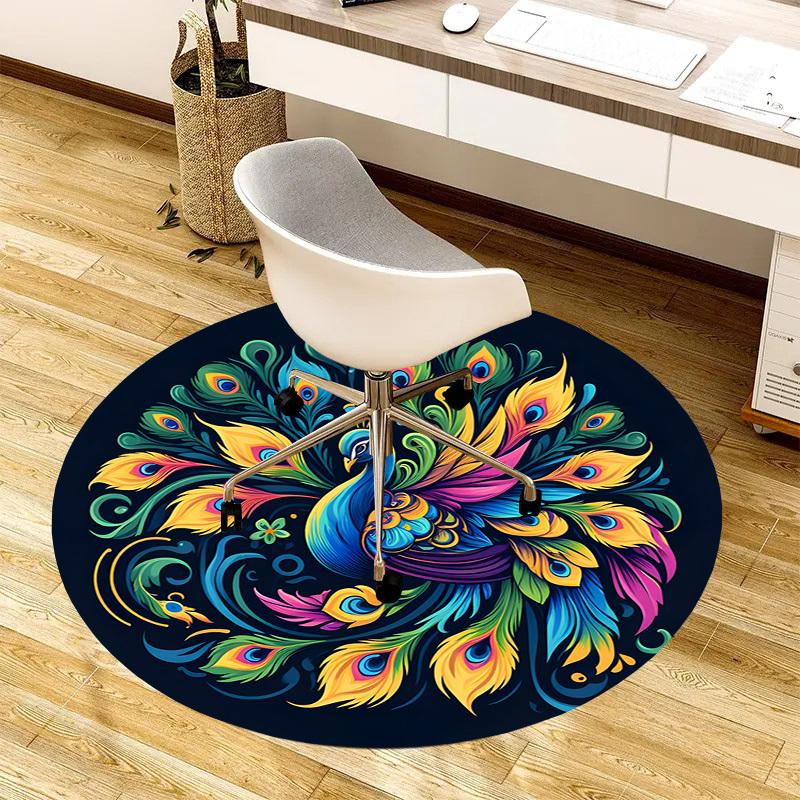1pc Office Carpet Chair Mats Colorful Peacock Feather Mandala Perfect for Decorating Office Chairs, Living Rooms, Or Bedrooms