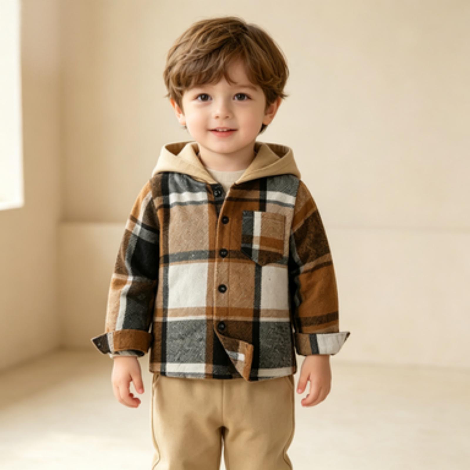Boys Cotton Plaid Long Sleeve Hoodie Shirt Spring Outfit Set 120