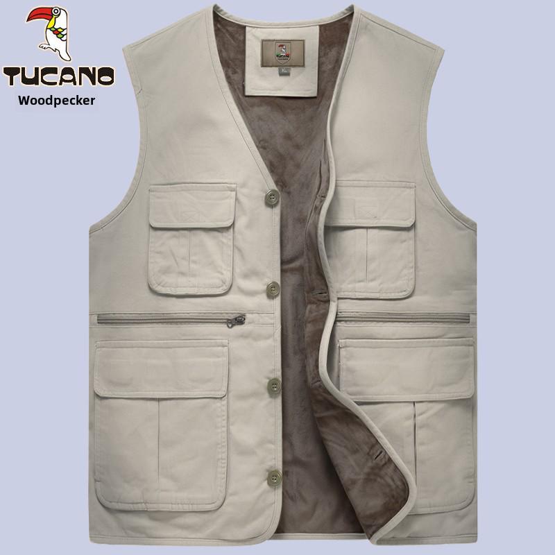 Woodpecker Men's Warm Fleece Lined Vest - Thickened Cotton Sleeveless Jacket for Autumn and Winter