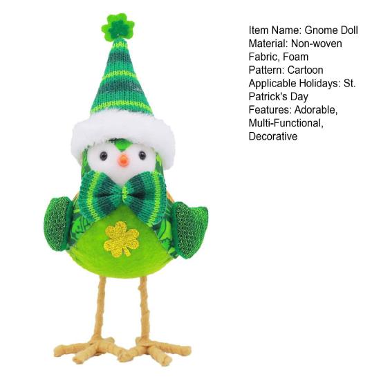 Gnome Doll St Patrick's Day Decoration Plush Bird Figurine with Shiny Wings Green Sweater Four Leaf Clover Embroidered Hat Soft Wool Legs Holiday Gift