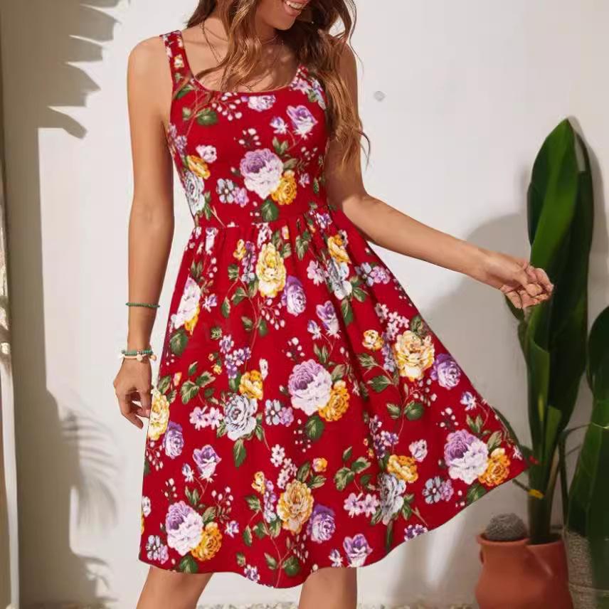 2024 Dámské šaty bez rukávů s potiskem a kulatým výstřihem
