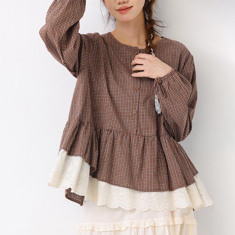 Spring Retro Plaid Patchwork Lace Long Sleeve Shirt - Loose, Versatile & Slimming Pullover Top