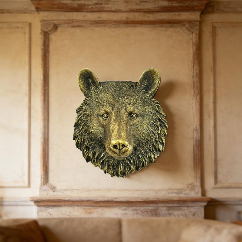 Entryway Wall Decors Bear Head Sculpture With Resin Construction, Antique Metallic Finish and Realistic Furs Texture for Indoor Accent Wall