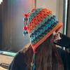 Women Autumn and Winter Nation Fashion Pure Handmade Fringed Dopamine Plush Colorful Ball Thick Hollow Out Ear Protection Knitted Pullover Hat