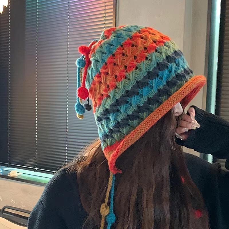 Women Autumn and Winter Nation Fashion Pure Handmade Fringed Dopamine Plush Colorful Ball Thick Hollow Out Ear Protection Knitted Pullover Hat