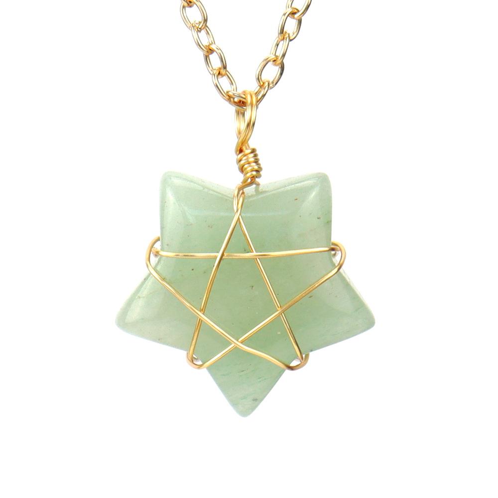 Hand-Wound Gold Natural Crystal Agate Pentagram Tiger Stone Star Necklace N583