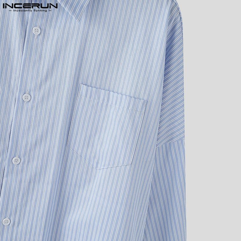 INCERUN Two Pieces Men Lapel Neck Long Sleeve Striped Shirt Long Wide Leg Pants Sets Outfits