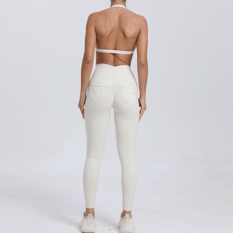 

Fashion Halter Bra Pocket Pants Yoga Suit Tight Beauty Back Quick-Drying Workout Clothes Outdoor Running Two-Piece Suit Ivory White L