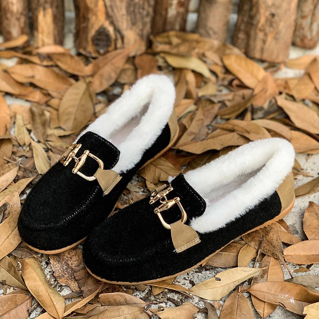 Women Winter Casual Shoes New Moccasins Soft Flat Non-slip Loafers Fashion Comfort Warm Plush Bow Slip on Female Cotton Shoes